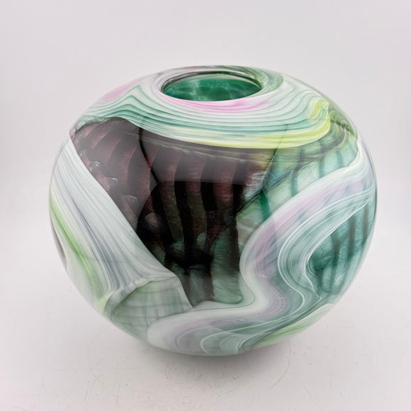 “Journey  Without a Map” Round Vase in Green, Pink, Black and White