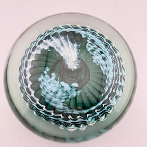 Teal, Pale Blue and White "Ammonite" and Bubbles Paperweight vi slight second