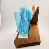 Turquoise Striped “Clam” vase with Wooden Stand