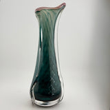 Teal and White Triform Vase with Clear Glass “Snake” Trail Additions