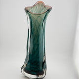 Teal and White Triform Vase with Clear Glass “Snake” Trail Additions