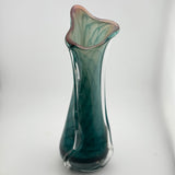 Teal and White Triform Vase with Clear Glass “Snake” Trail Additions