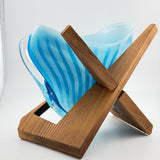 Turquoise Striped “Clam” vase with Wooden Stand