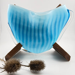 Turquoise Striped “Clam” vase with Wooden Stand