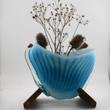 Turquoise Striped “Clam” vase with Wooden Stand