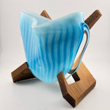 Turquoise Striped “Clam” vase with Wooden Stand