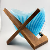 Turquoise Striped “Clam” vase with Wooden Stand