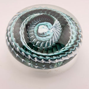 Teal, Pale Blue and White "Ammonite" and Bubbles Paperweight i